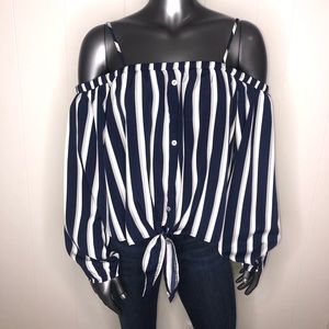 Off shoulder blue/white striped top. Large